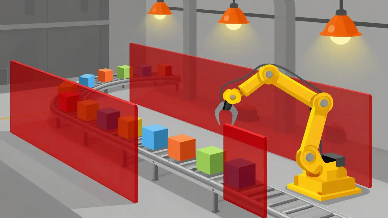 Illustrated factory conveyor blocked by surreal red wall barriers.
