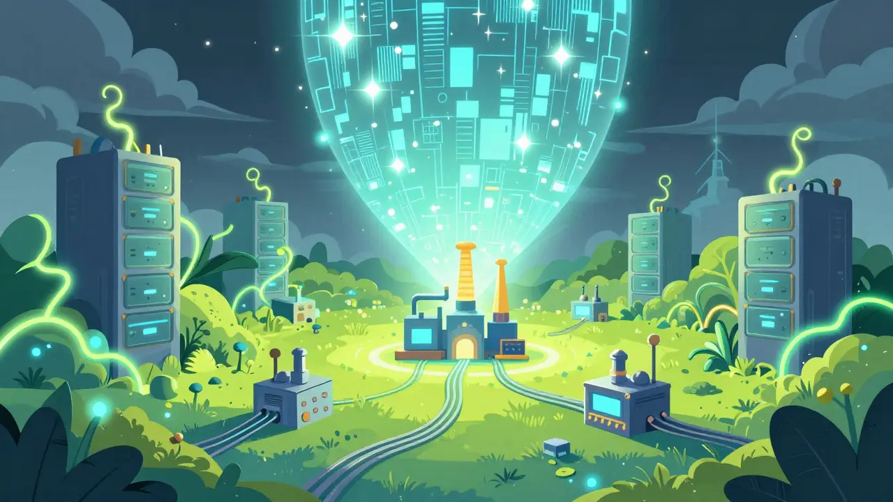 Neon digital garden protecting floating factories from dark storms.