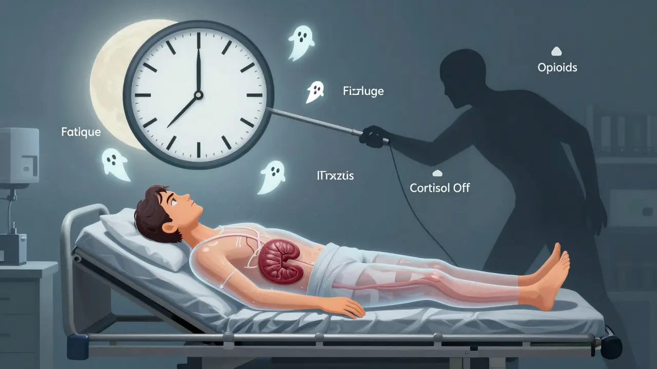 Patient with translucent body showing silent adrenal gland, opioid shadow pulling a 'Cortisol Off' lever.