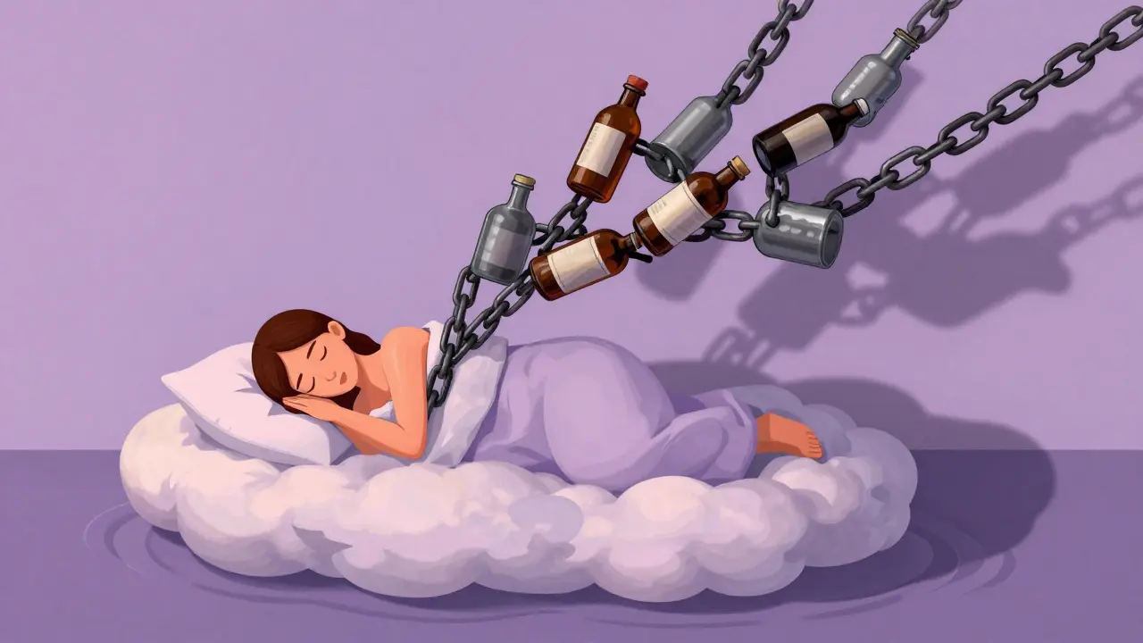 Sleeping figure whose shadow is tangled with heavy medicine and alcohol bottle chains.