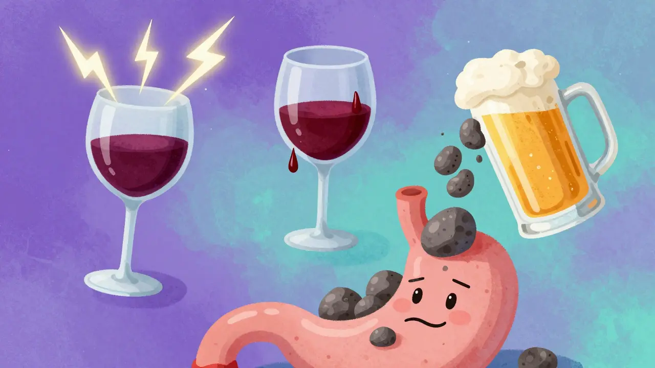 Surreal drinks emitting lightning, blood, and stone symbols.