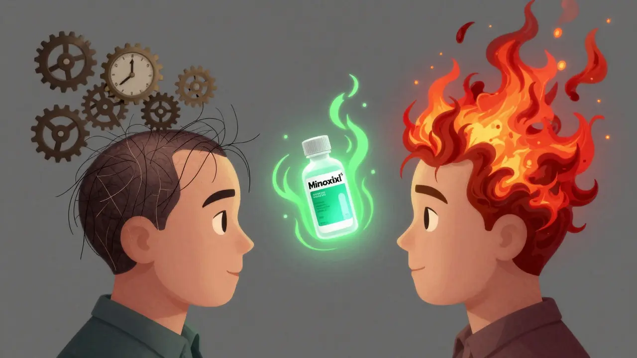 Two contrasting scalp timelines showing gradual hair loss and sudden shedding, with minoxidil radiating growth.