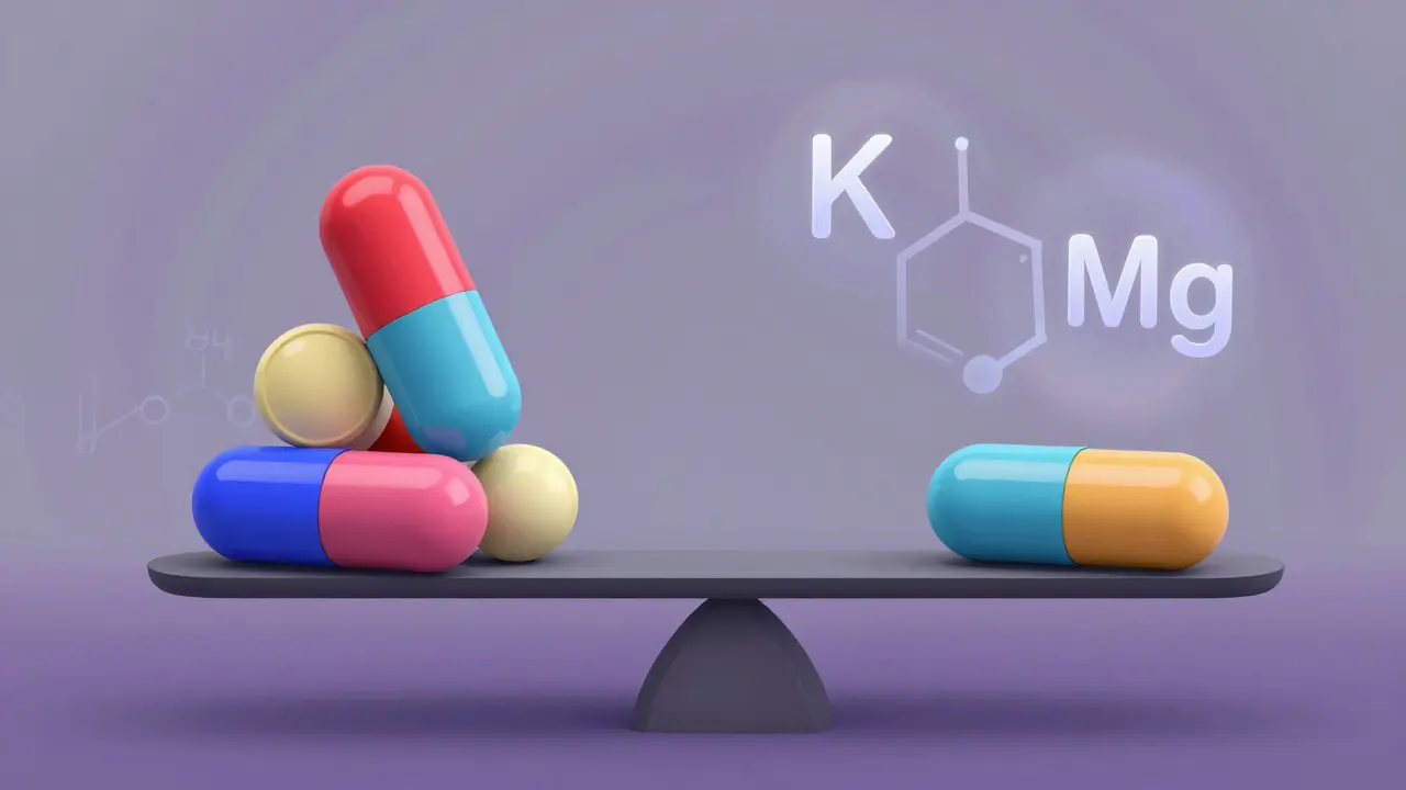 Abstract art of a balance scale with medication capsules and floating chemical symbols.