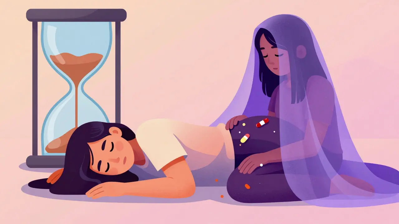 Abstract artwork of a person in the recovery position with a veil symbolizing the temporary nature of naloxone.