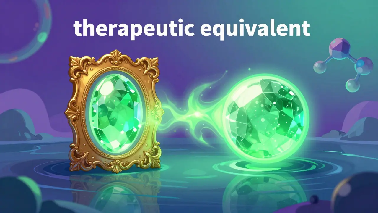 Abstract artwork showing two identical glowing pills to represent brand and generic equivalence.