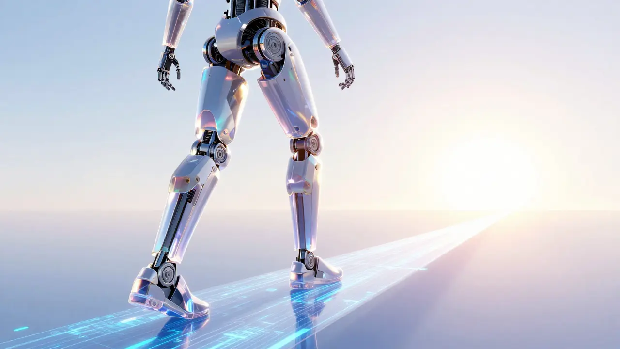 Abstract depiction of a person in a crystalline exoskeleton walking toward a bright horizon.