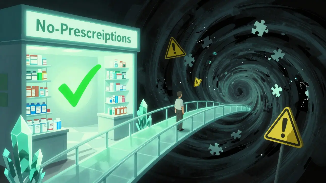 Abstract depiction of a safe glowing pharmacy contrasted with a chaotic dark vortex.