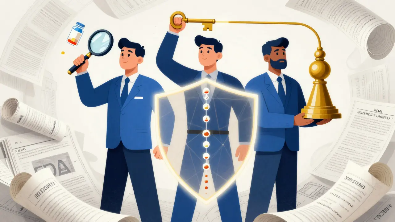 Abstract depiction of FDA, DEA, and State Boards forming a regulatory shield over pharmaceuticals.