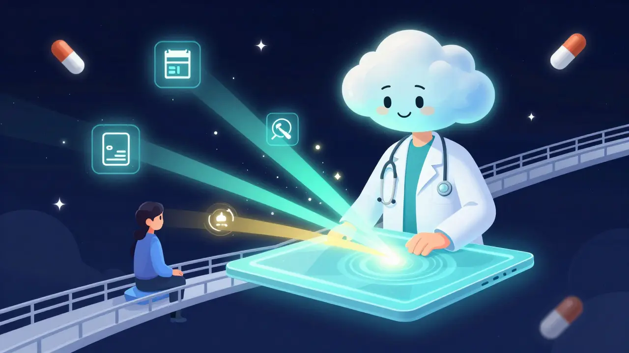 Abstract digital bridge connecting a patient to a cloud-headed doctor via a tablet.