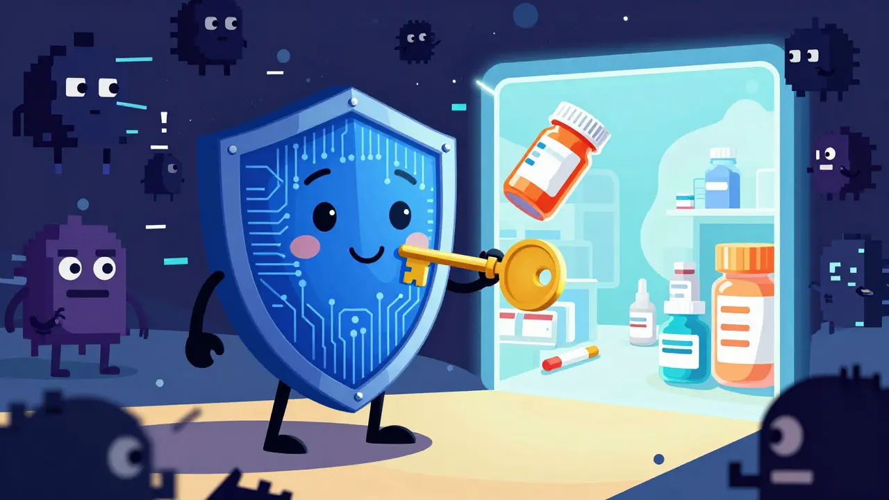Conceptual illustration of a digital shield protecting medication from glitchy monsters.