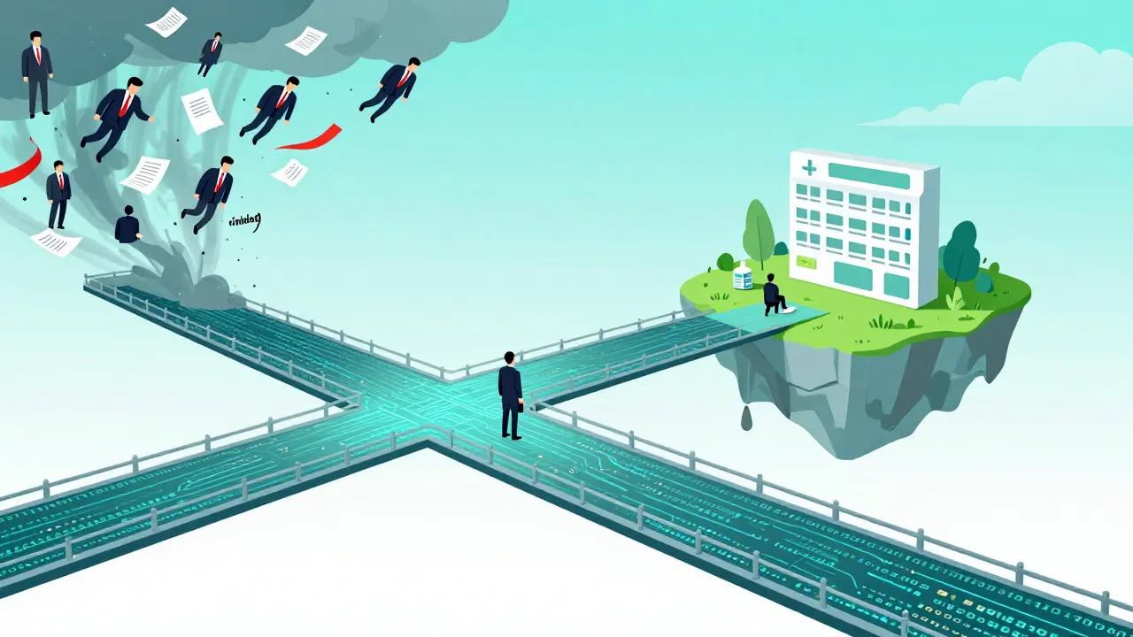 Digital bridge bypassing corporate middlemen to reach a transparent online pharmacy.