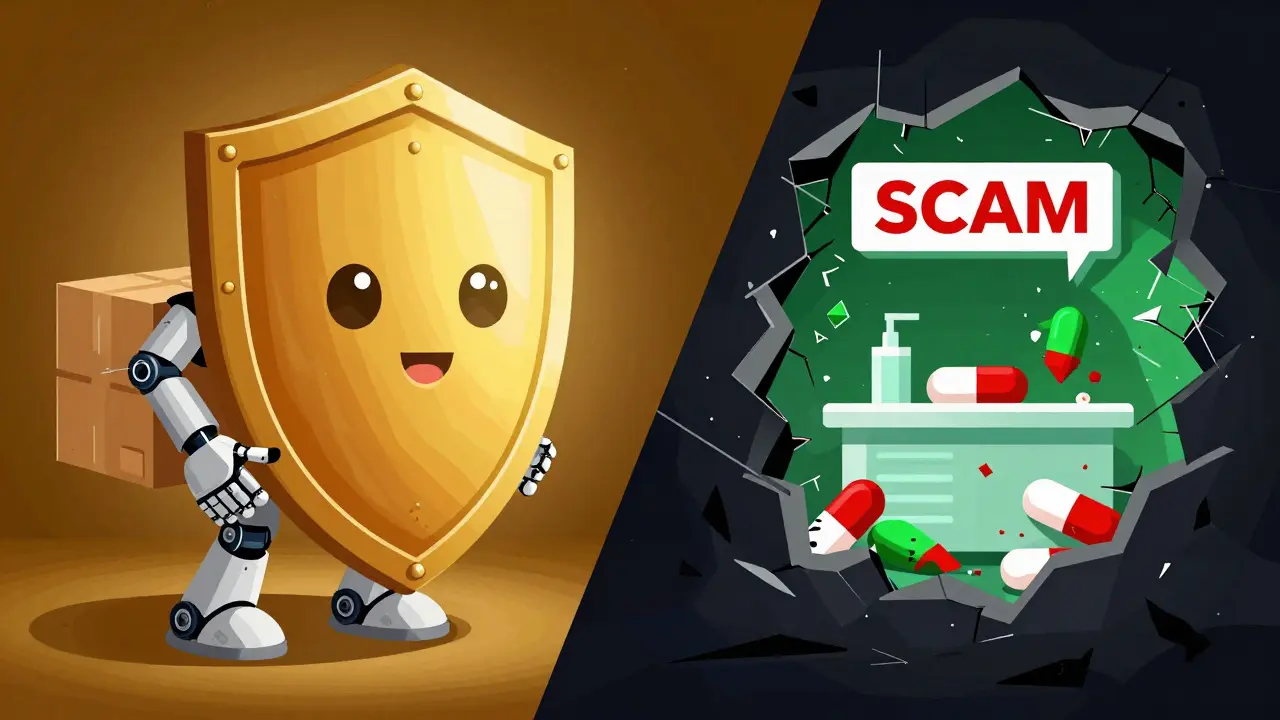 Split composition showing a secure golden shield versus a glitching, dark pharmacy portal.