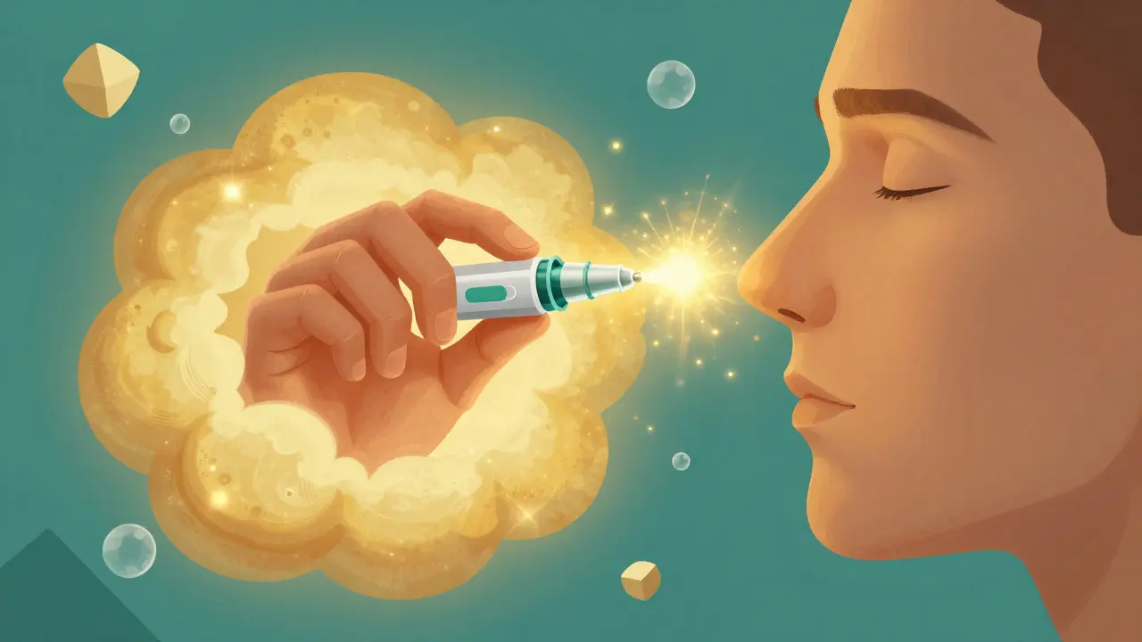 Stylized depiction of a glowing naloxone spray being administered to a person's nose amidst bright colors.