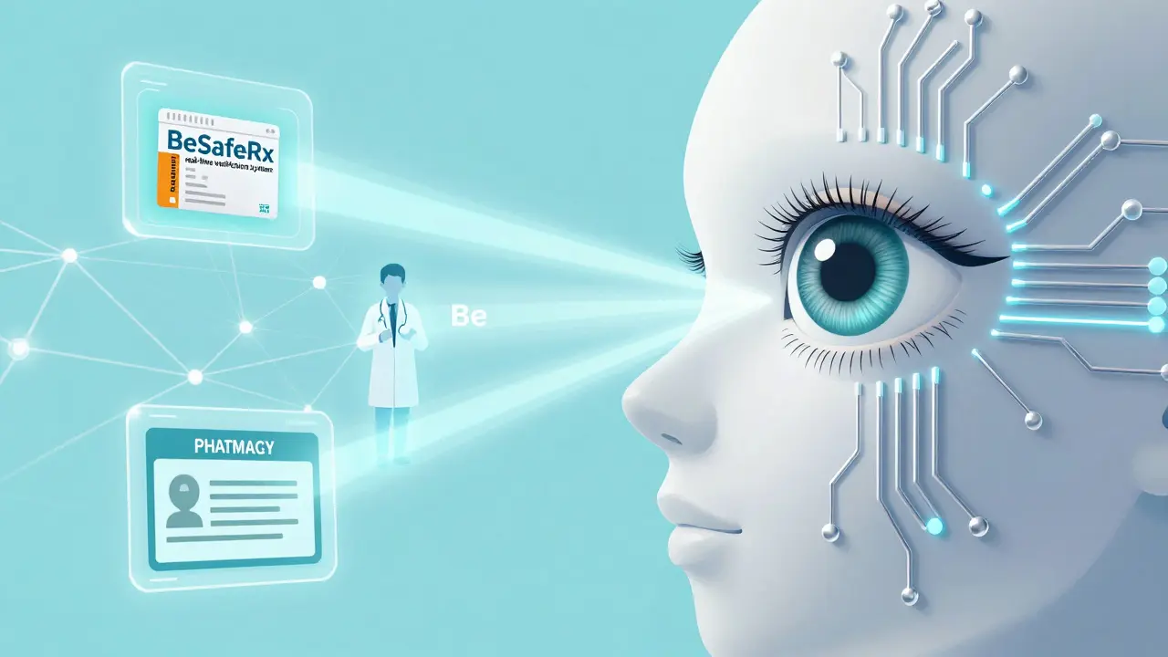 Surreal concept of a digital eye verifying telemedicine prescriptions through a glowing network.
