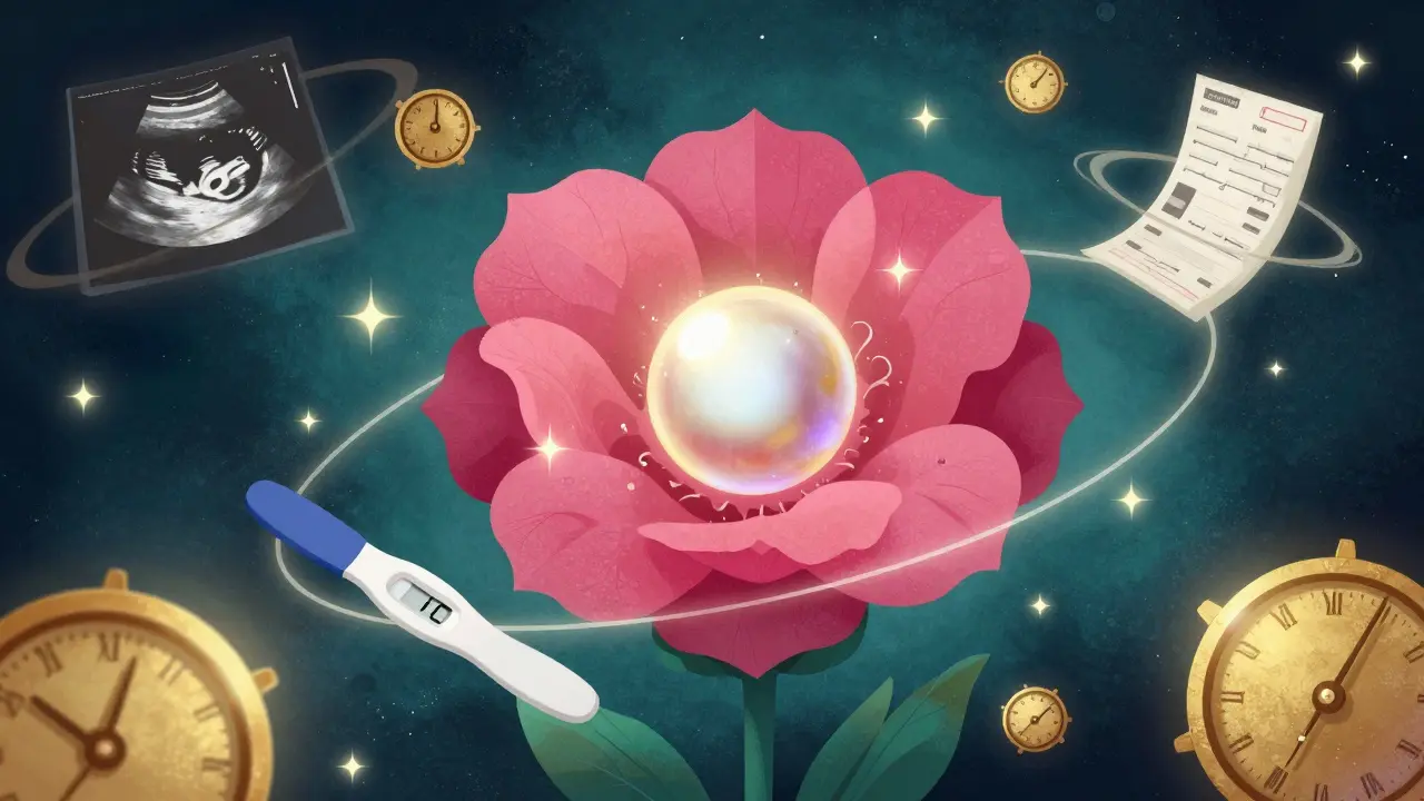 Surreal cosmic flower with orbiting medical rings representing successful ovulation.