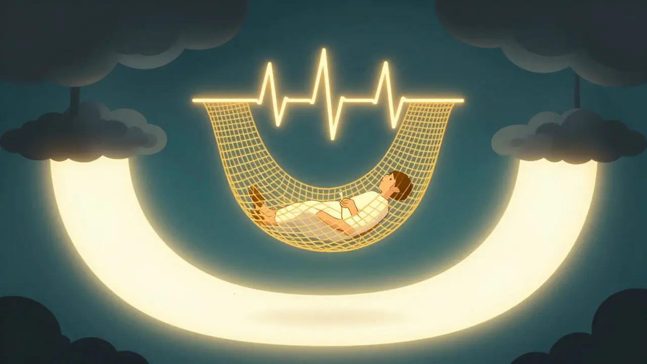 Surreal depiction of a U-shaped light valley with a golden safety net and a floating ECG line.