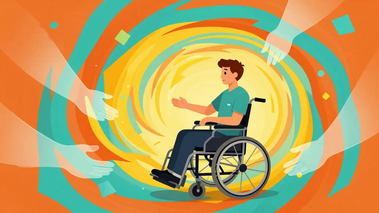 Surreal illustration of a patient in a wheelchair surrounded by colorful shapes during rehab.