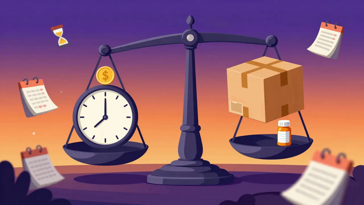 Surreal scale balancing a shipping box and a pill bottle to represent time versus money.