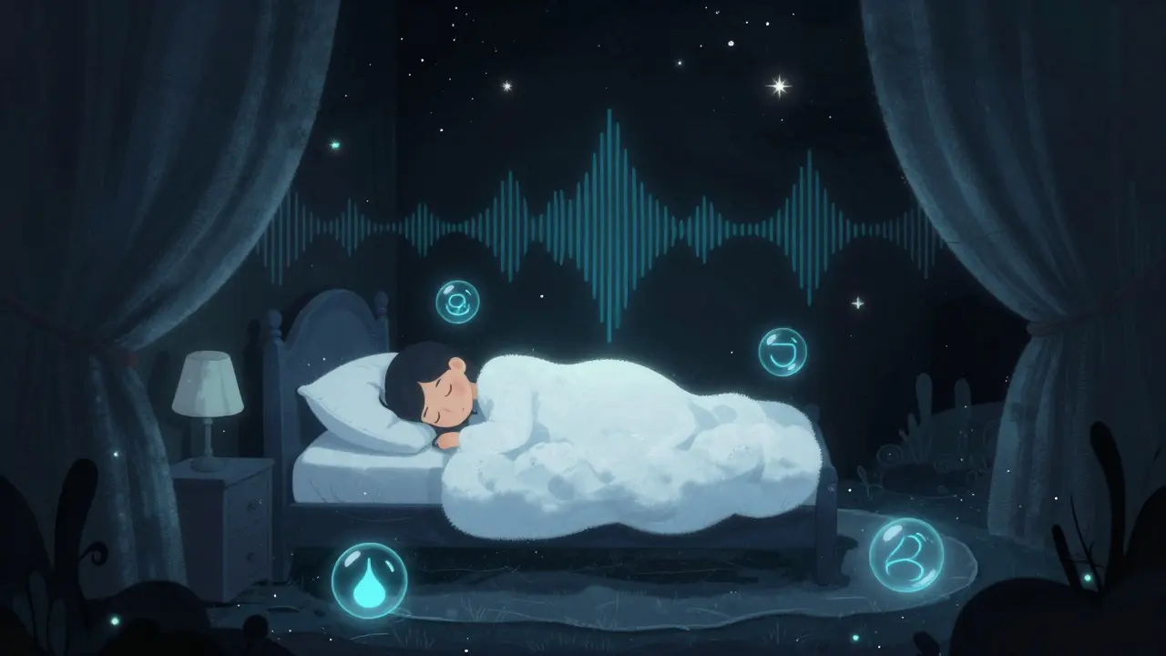 A peaceful sleeper in a dark, dreamlike sanctuary protected from light and noise by velvet barriers.