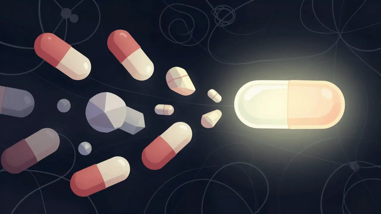 Abstract art of multiple pills merging into one glowing capsule