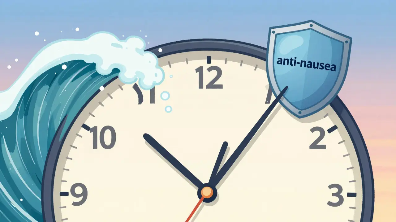 Abstract art showing anti-nausea shield blocking medication waves on clock