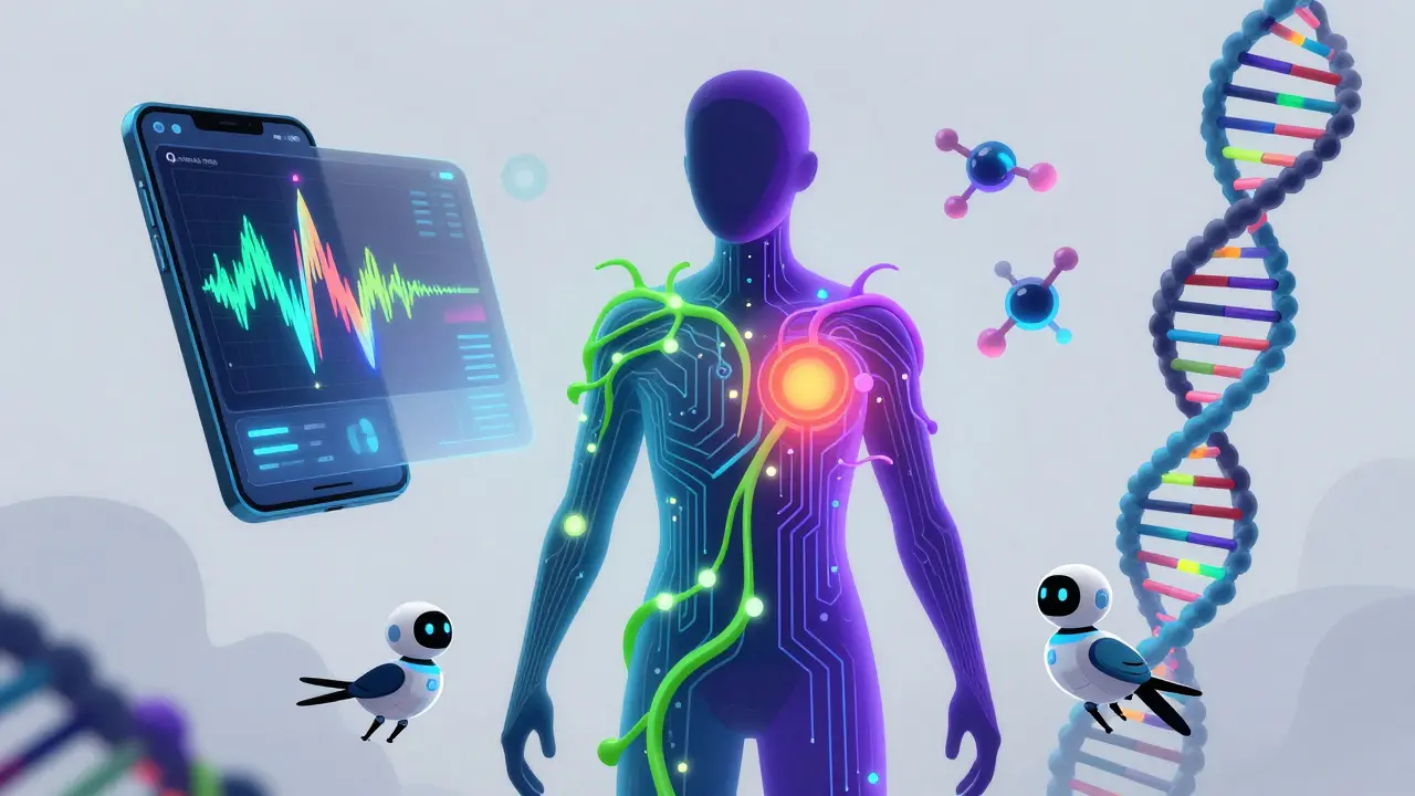 Abstract art showing DNA, apps, and tech merging for personalized pain care.
