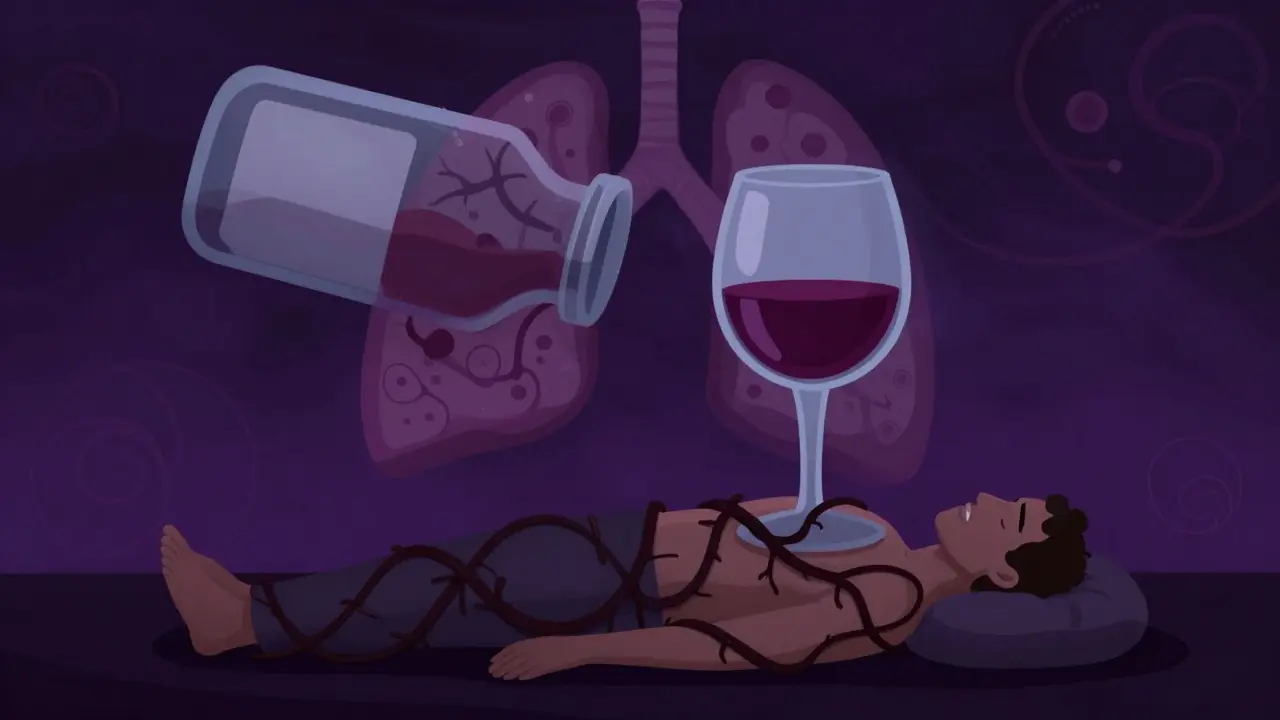 Abstract art showing pills and alcohol merging to suppress breathing.