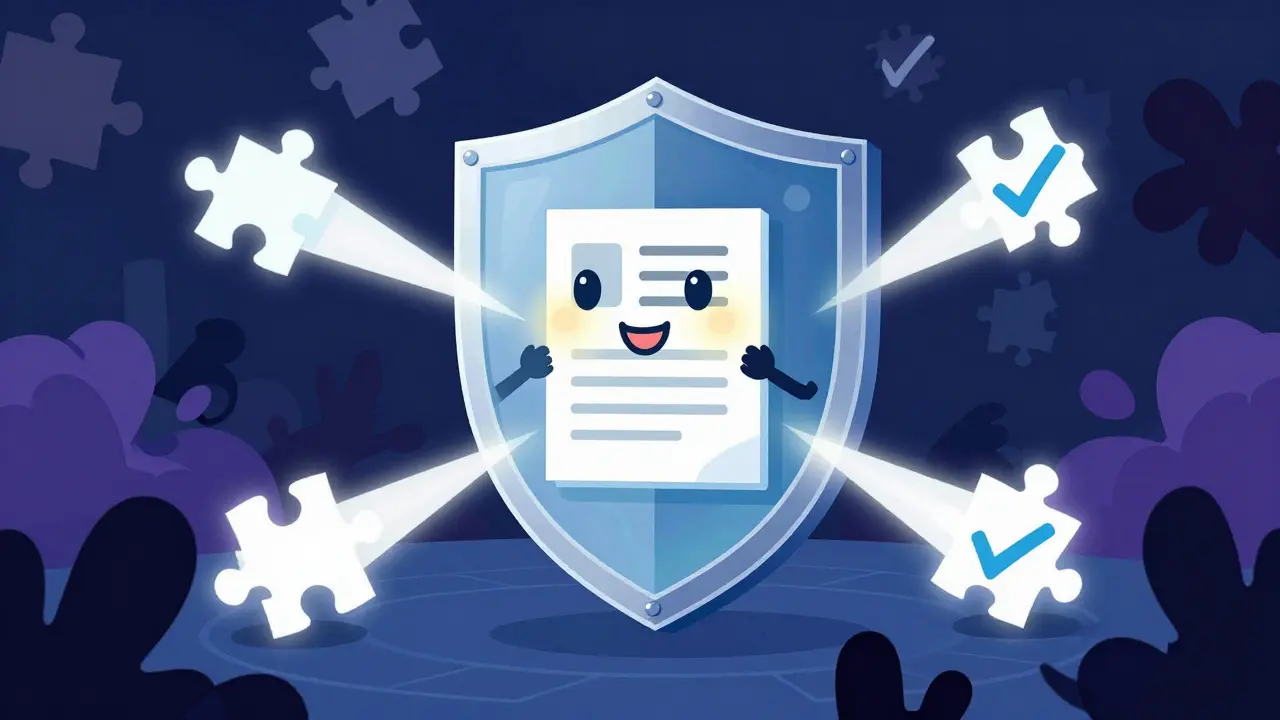 Abstract illustration of a protective shield blocking scam shadows in a digital space.