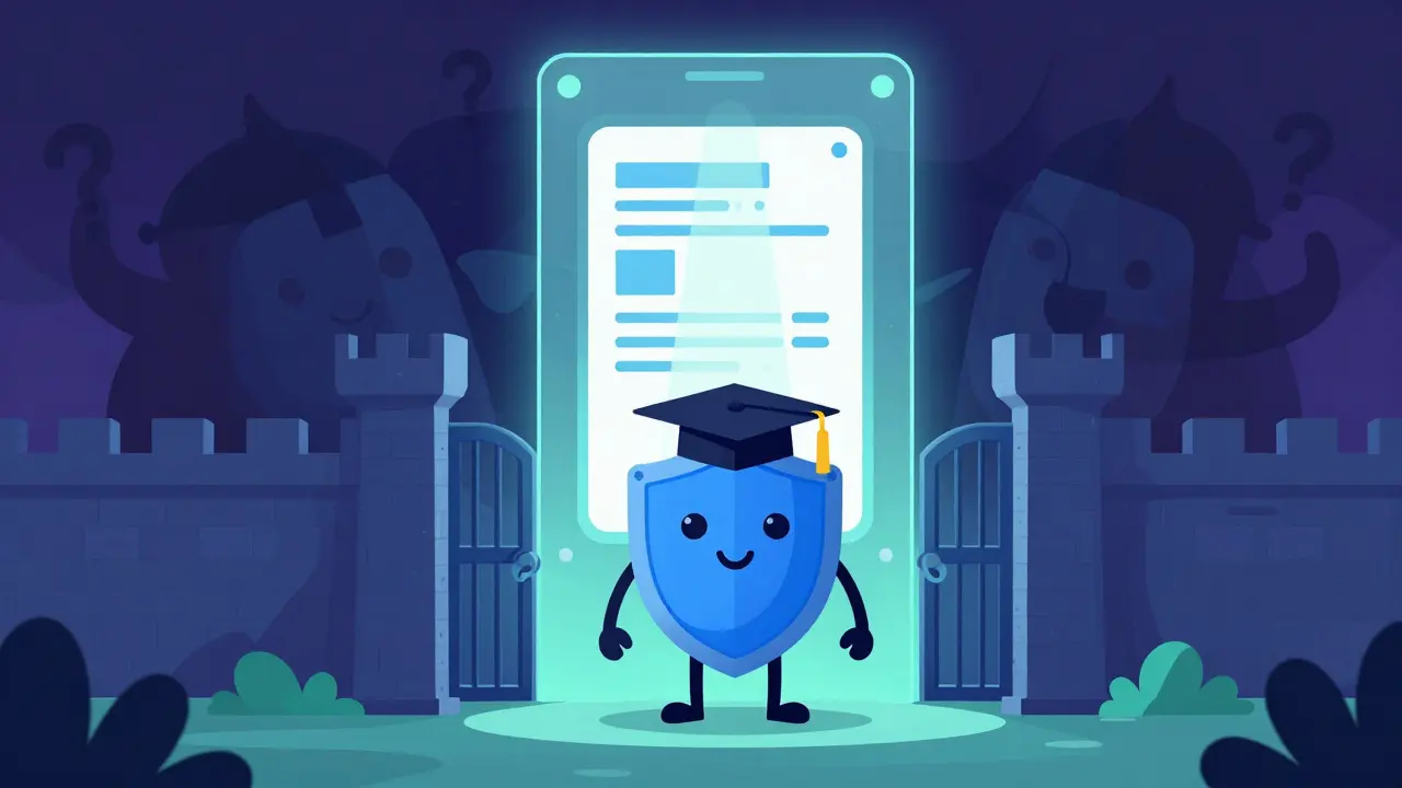 Abstract illustration of a safety shield protecting against online pharmacy scams