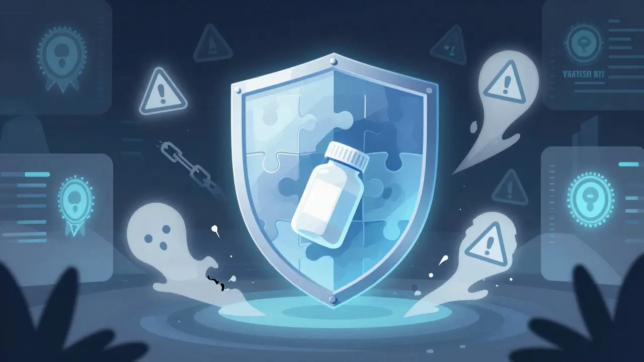 Abstract illustration of a shield protecting a pill bottle from risks
