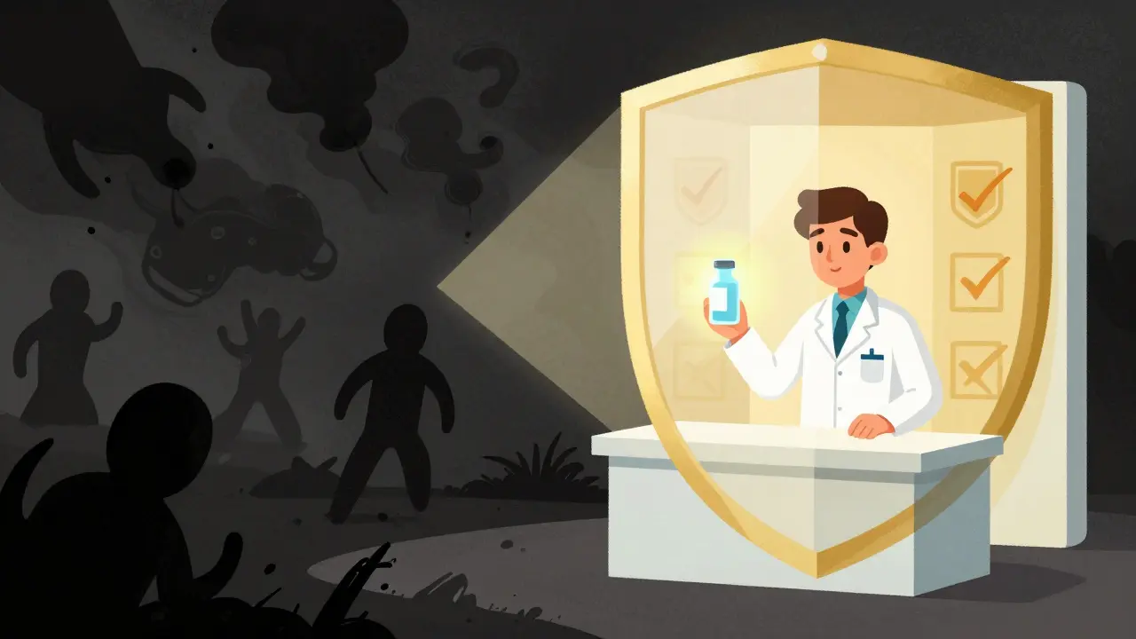 Abstract illustration showing a shield protecting a pharmacy from chaotic shadows.