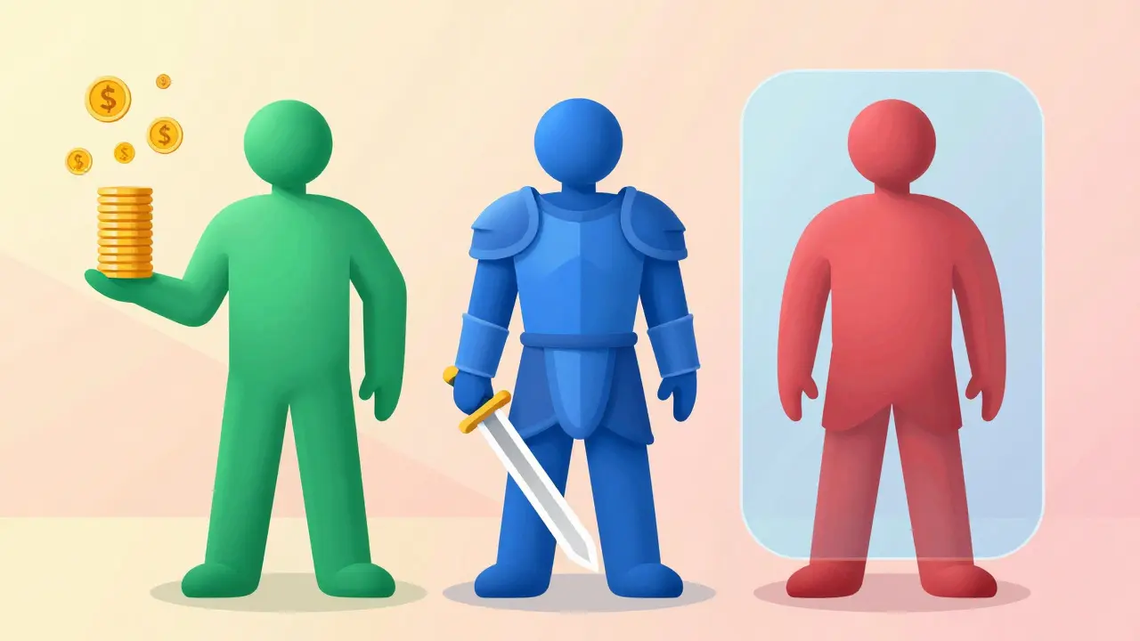 Abstract illustration showing three colorful figures representing reimbursement, defense, and harm prevention.