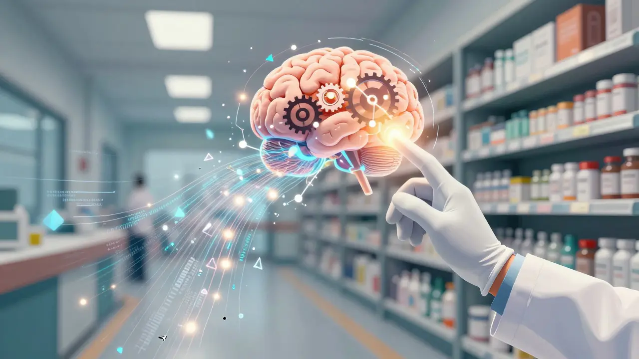 AI assisting pharmacist with data visualization in surreal illustration