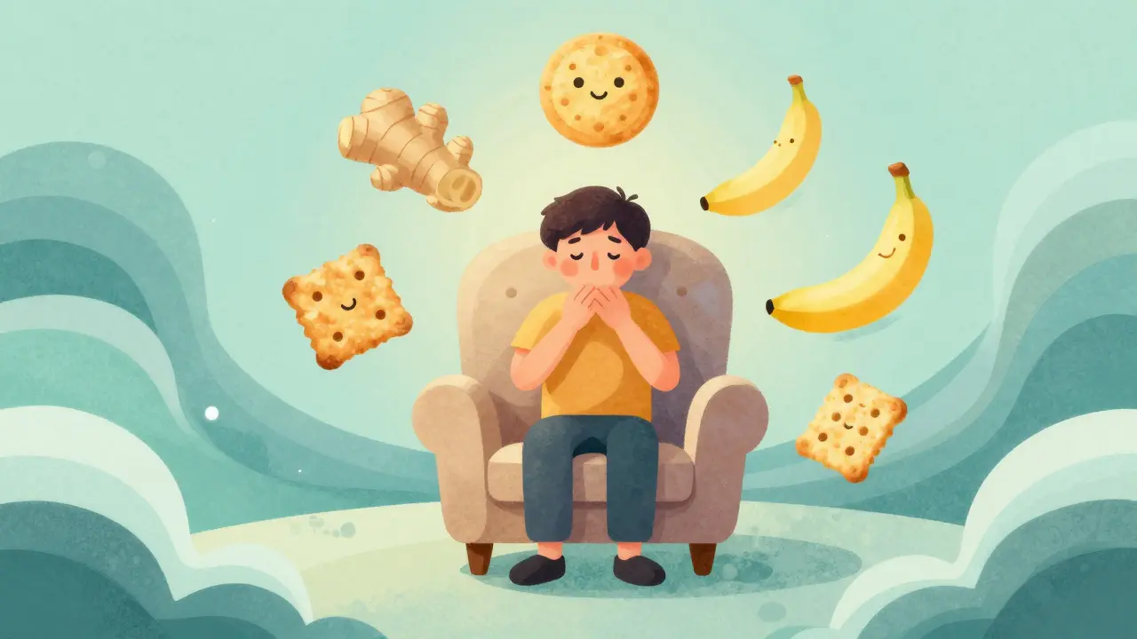 Calming scene with floating healthy foods easing nausea symptoms