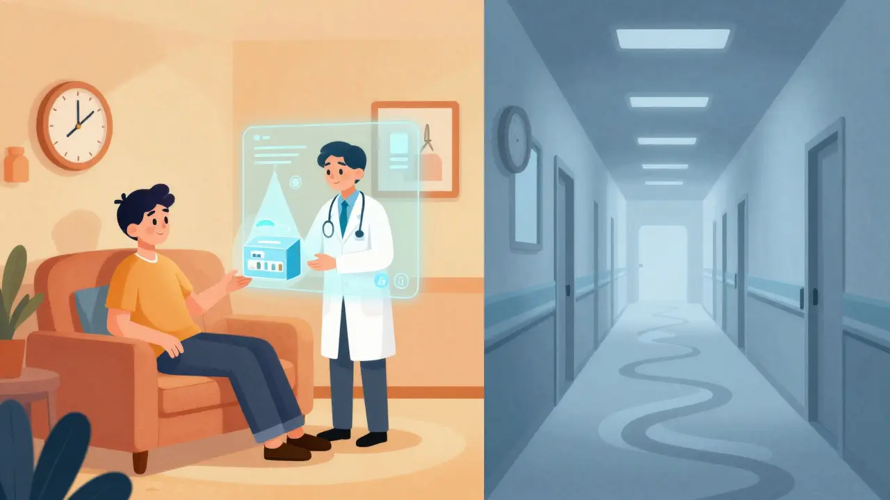 Cartoon of telehealth consultation delivering medicine to a home
