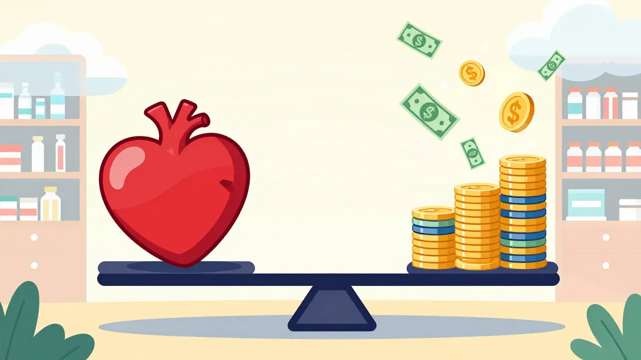Cartoon scale balancing a healthy heart with savings coins against a coupon background.