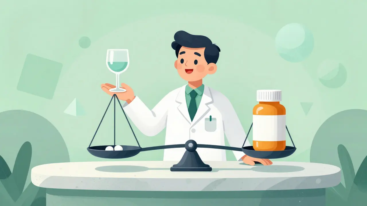 Illustration of a pharmacist balancing a drink and a pill on a scale.
