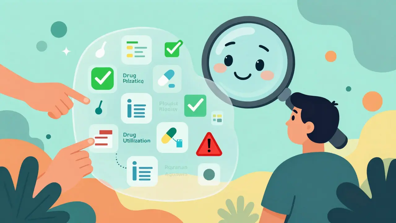Magnifying glass reviewing drug interactions in cartoon style