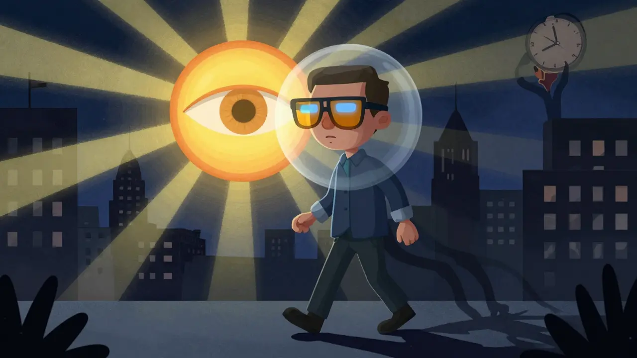 Night shift worker wearing protective glasses against a giant sun eye in an abstract cityscape.