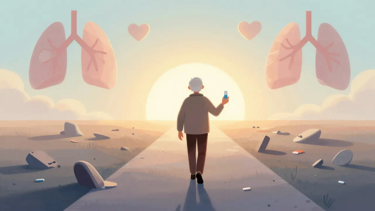 Senior walking freely with a single pill, leaving chaos behind