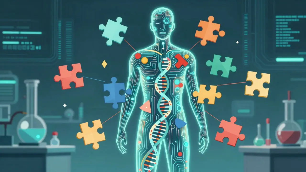 Surreal art of a DNA body assembling with glowing geometric puzzle pieces.