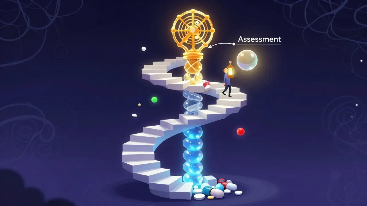 Surreal cartoon of a glowing pill staircase representing pain management steps.