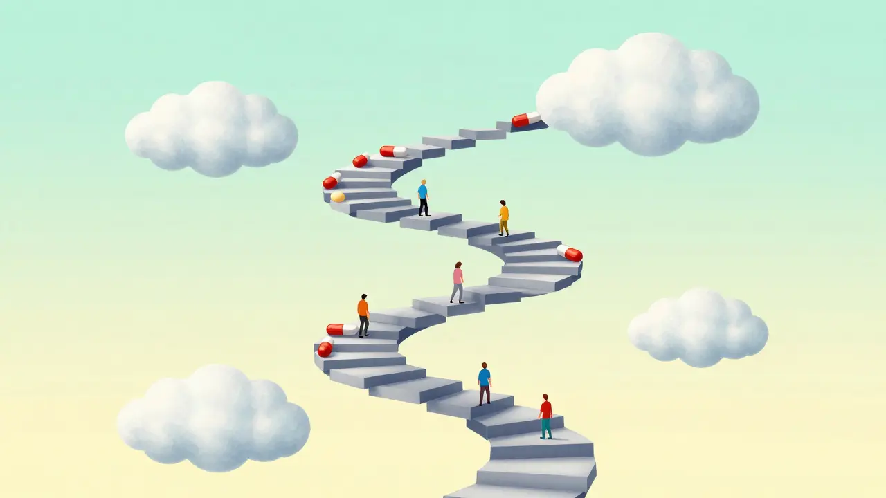 Surreal spiral staircase of pills representing gradual dose increases