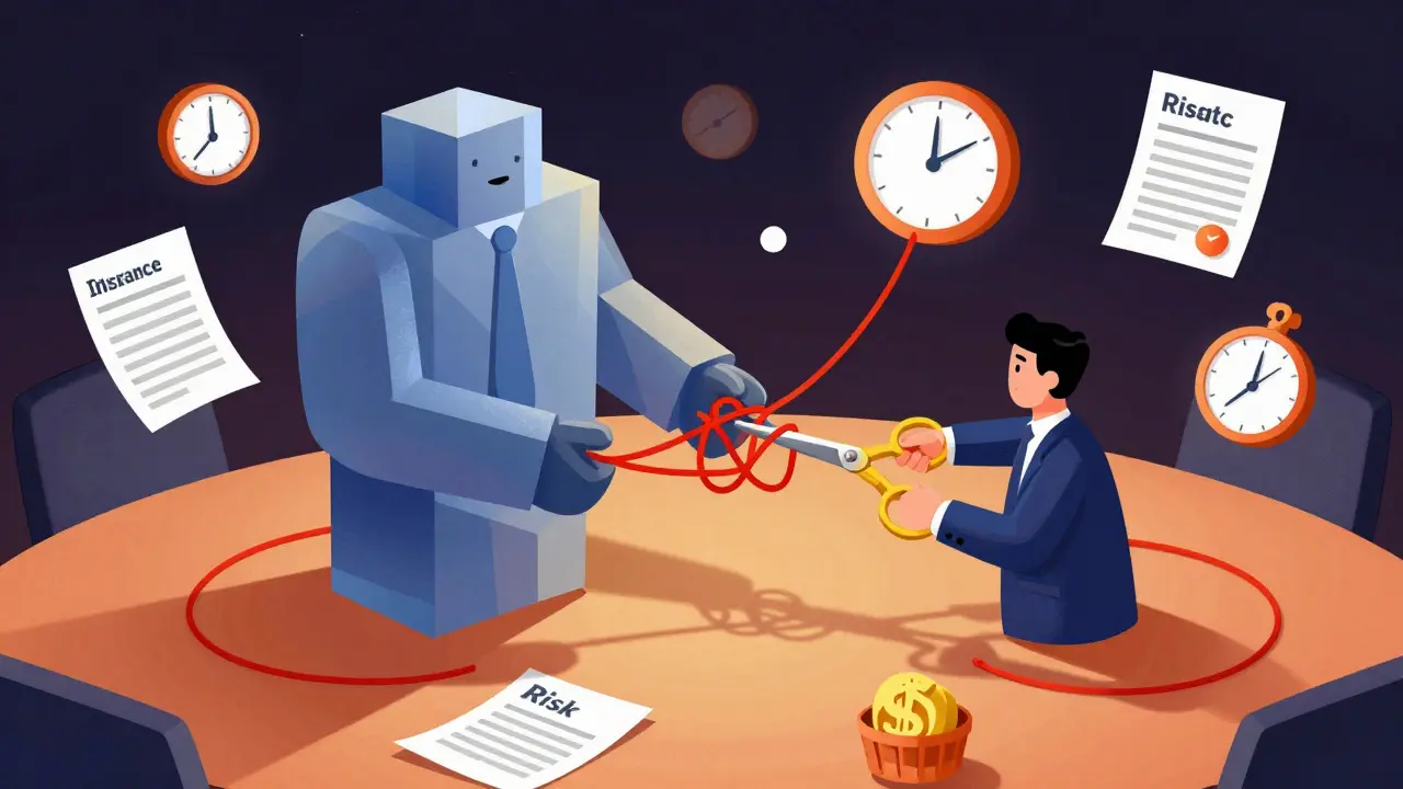 Surreal view of abstract corporate shapes negotiating risk transfer with strings, clocks, and insurance symbols.