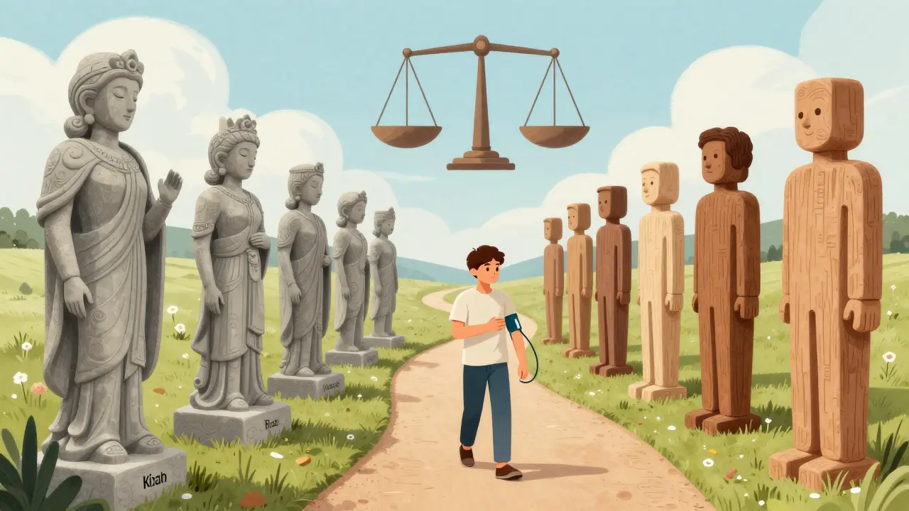 Whimsical art depicting the equal efficacy of generic vs brand name medicine