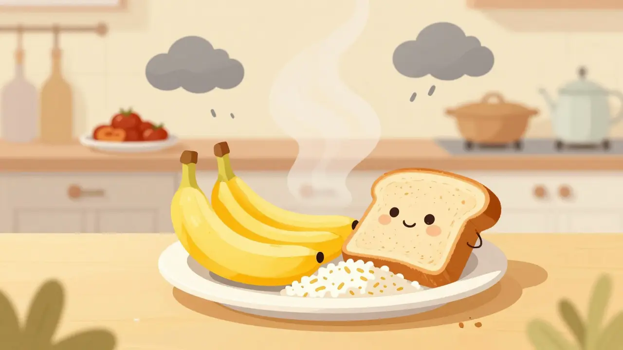 Whimsical drawing of bland foods as friends keeping stormy spices away