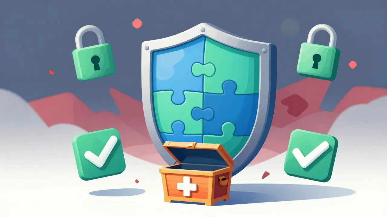 Abstract cartoon of a digital shield protecting medication from online scams