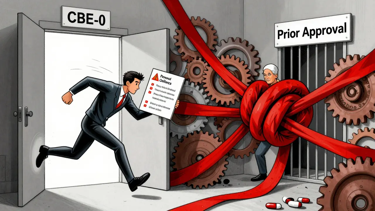 Abstract cartoon showing brand vs generic drug labeling speed disparity with bureaucracy