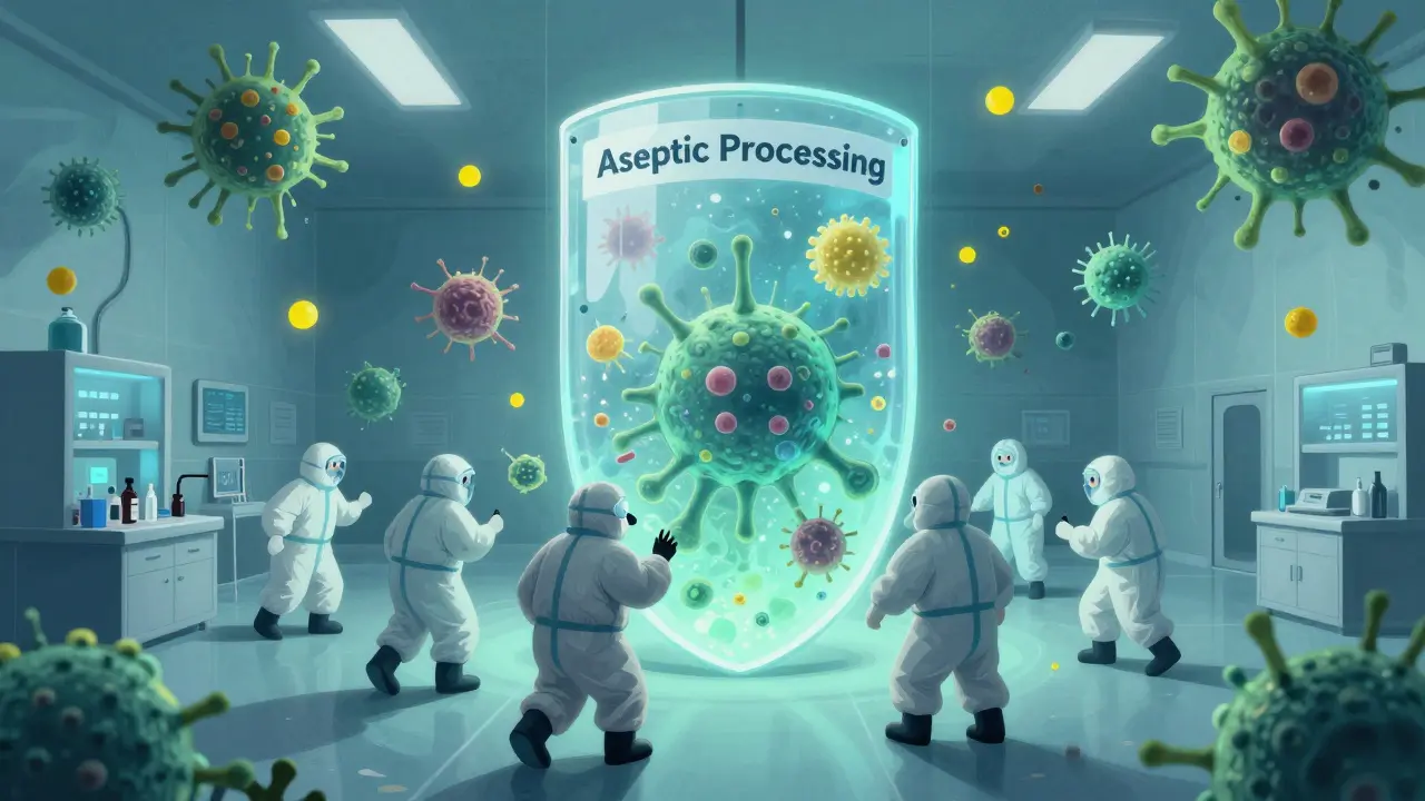 Abstract illustration of microbes breaching weak sterile barriers