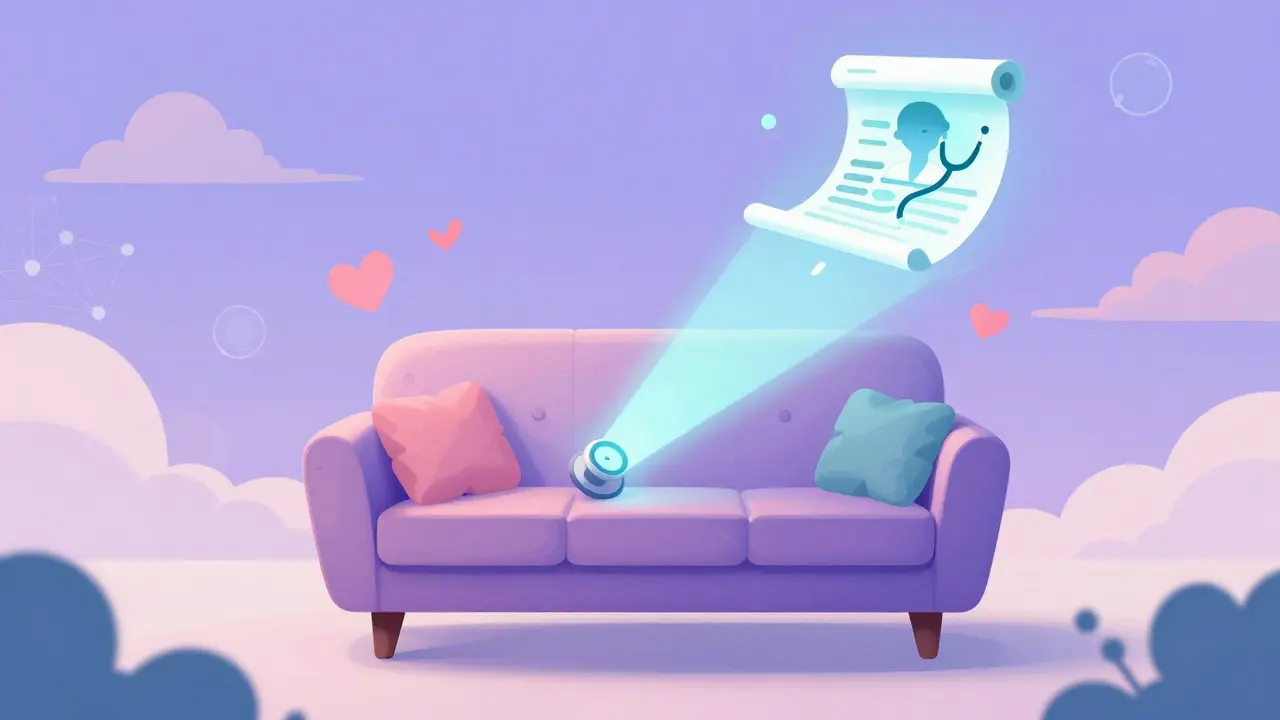 Abstract illustration of telehealth consultation via floating sofa